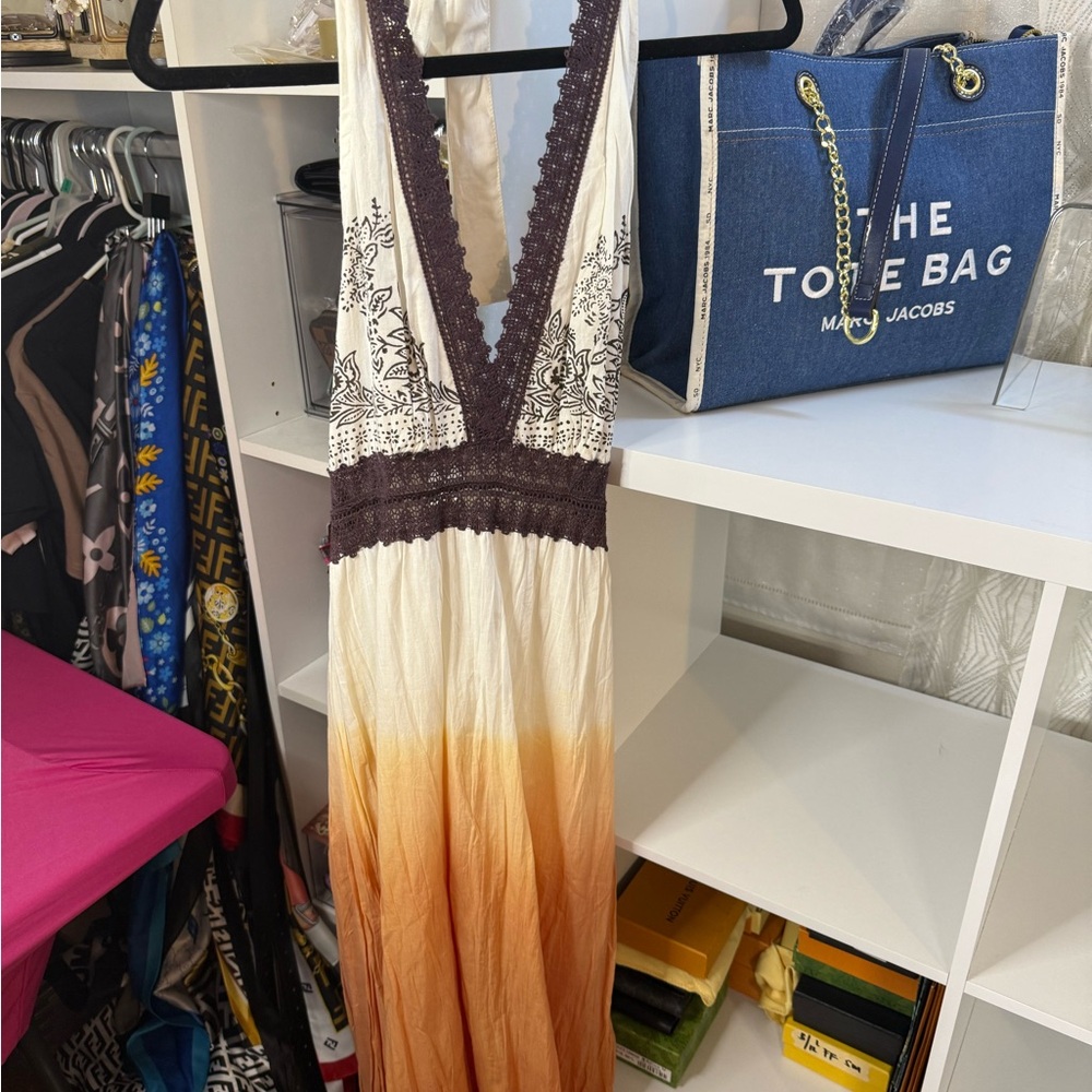 Boho Chaudry Maxi Dress with Ombre Design size S, 14in PTP, 42 inches long